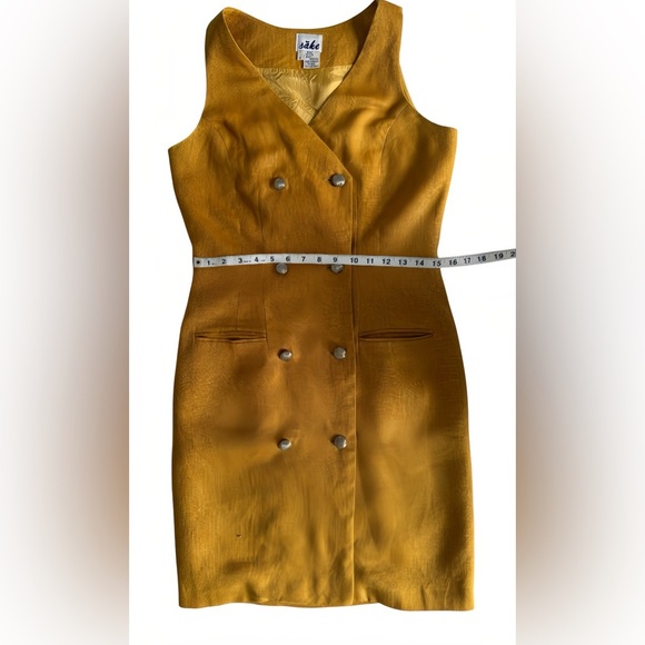 Sàke Vintage Mustard Yellow Linen Dress Sz 8 Lined Double-Breasted Sleeveless - Picture 7 of 8